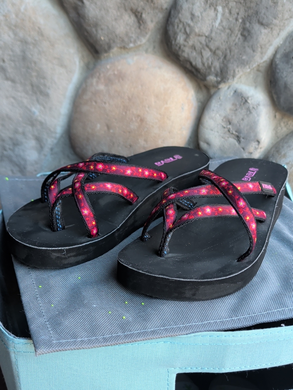 Teva Women's Black Mush Mandalyn Sandal with Pink Patterned  Straps Every Day